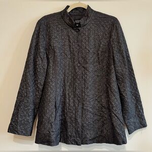Eileen Fisher Quilted 100% Silk Tussah Black Diamond Jacket Size L Petite